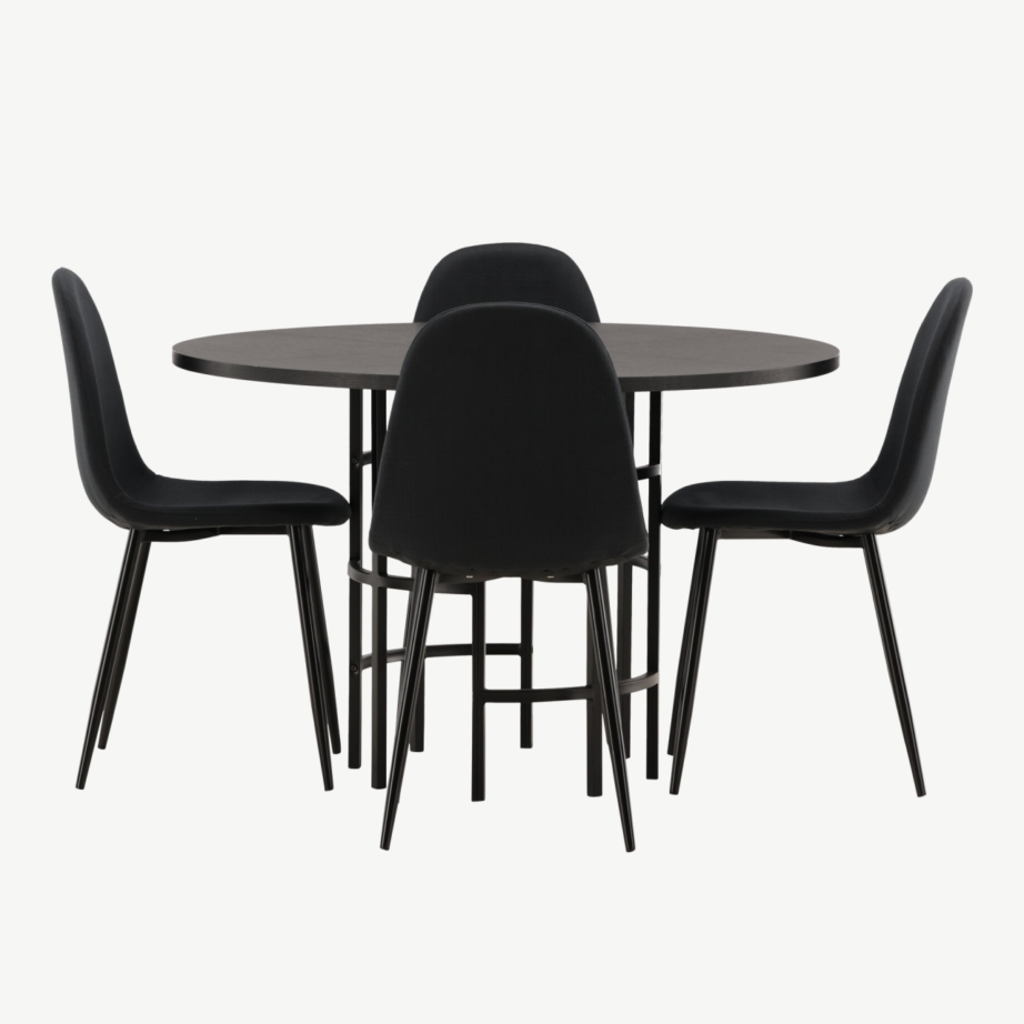 Ümmargune söögilauakomplekt Copenhagen (must MDF, 4 musta tooli, metalljalad), GR22835 – 2