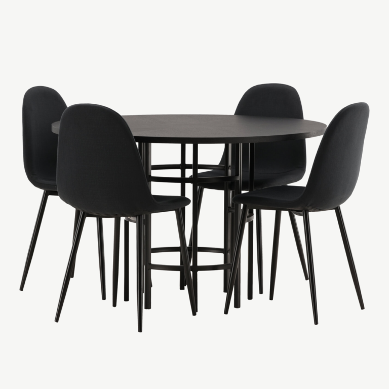 Ümmargune söögilauakomplekt Copenhagen (must MDF, 4 musta tooli, metalljalad) - GR22835