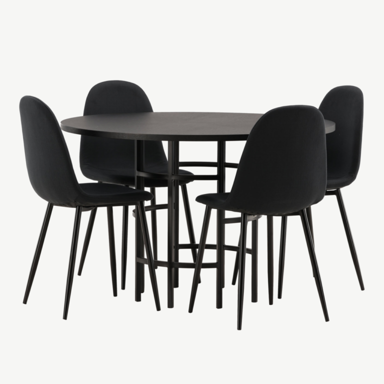 Ümmargune söögilauakomplekt Copenhagen (must MDF, 4 musta tooli, metalljalad) - GR22835