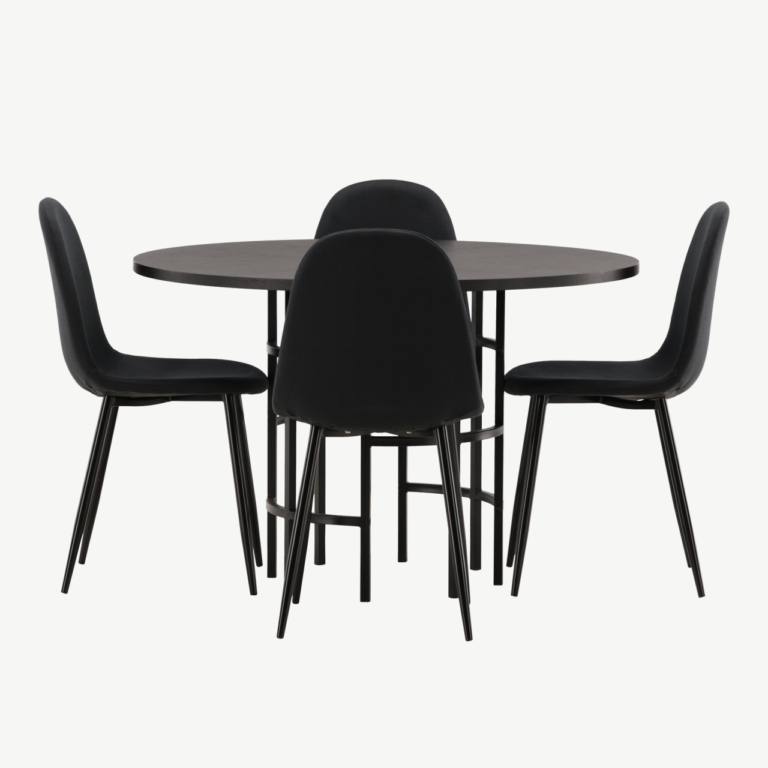Ümmargune söögilauakomplekt Copenhagen (must MDF, 4 musta tooli, metalljalad) - GR22835