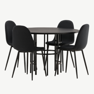 Ümmargune söögilauakomplekt Copenhagen (must MDF, 4 musta tooli, metalljalad) - GR22835