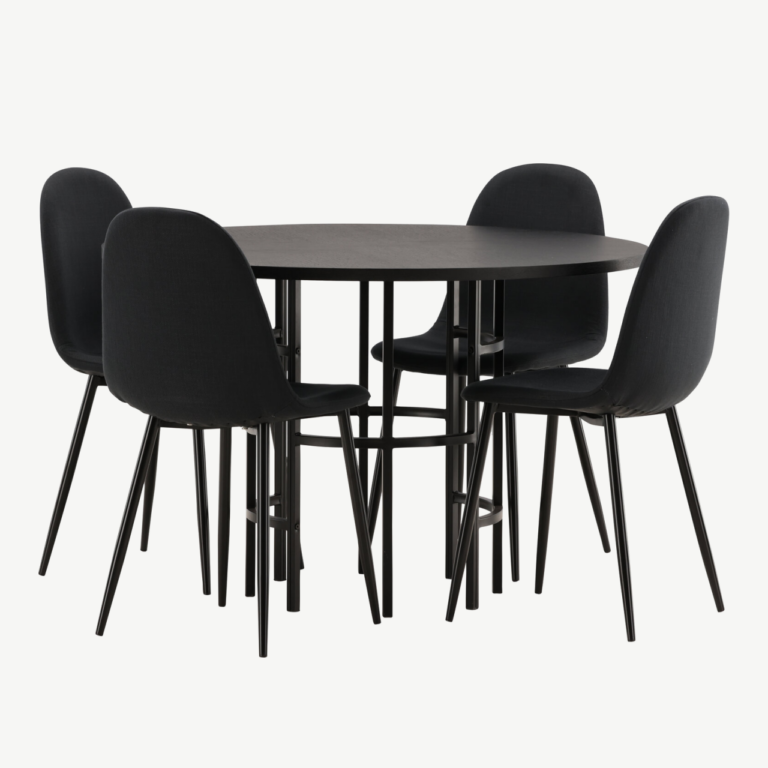 Ümmargune söögilauakomplekt Copenhagen (must MDF, 4 musta tooli, metalljalad) - GR22835