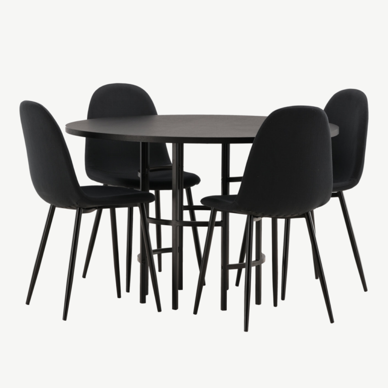 Ümmargune söögilauakomplekt Copenhagen (must MDF, 4 musta tooli, metalljalad) - GR22835