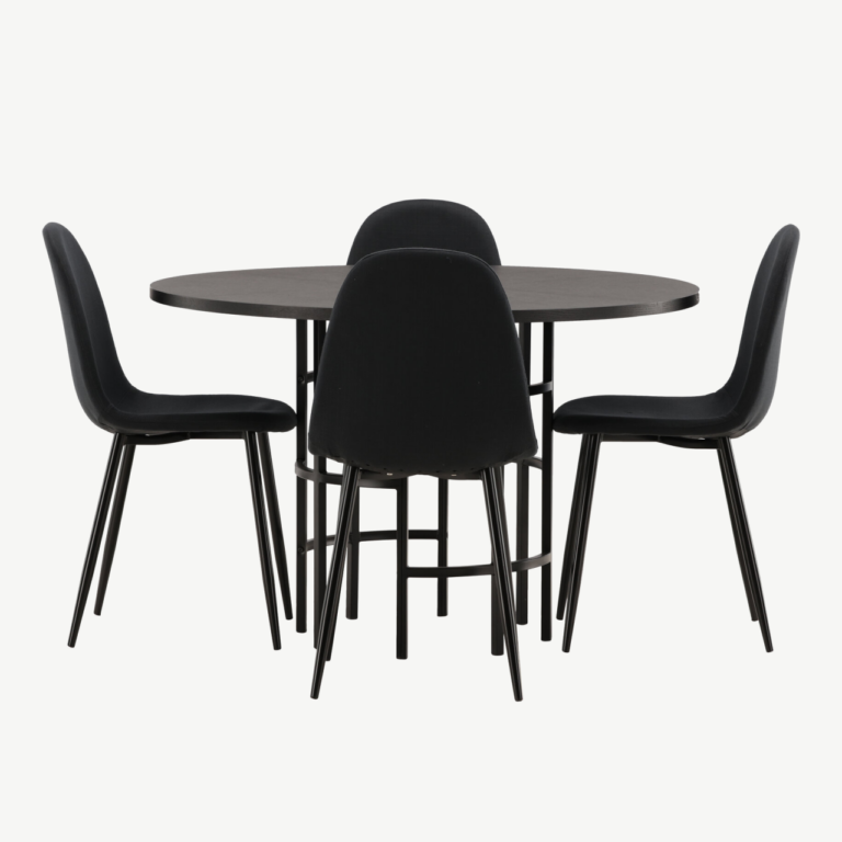 Ümmargune söögilauakomplekt Copenhagen (must MDF, 4 musta tooli, metalljalad) - GR22835