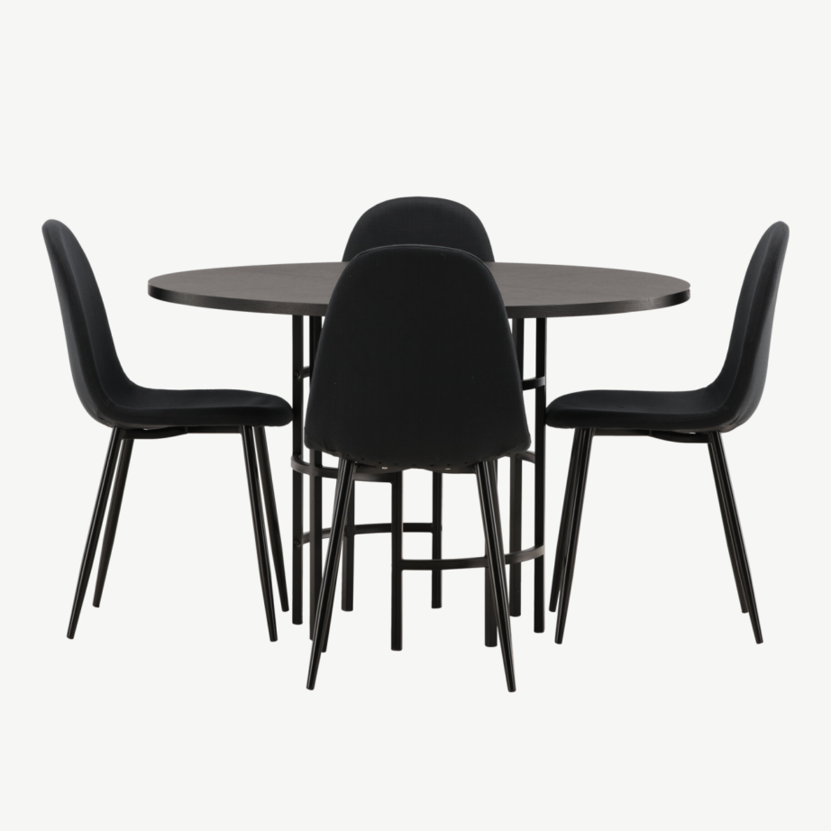 Ümmargune söögilauakomplekt Copenhagen (must MDF, 4 musta tooli, metalljalad), GR22835 – 7