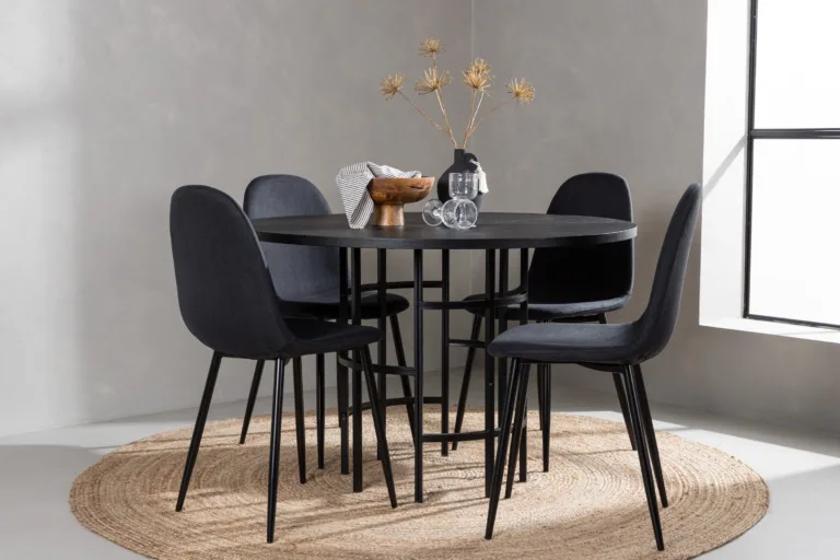 Ümmargune söögilauakomplekt Copenhagen (must MDF, 4 musta tooli, metalljalad) - GR22835