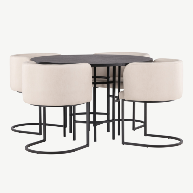 Ümmargune söögilauakomplekt Copenhagen (must MDF, beežid polsterdatud toolid, ø115 cm) - GR23224