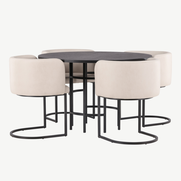 Ümmargune söögilauakomplekt Copenhagen (must MDF, beežid polsterdatud toolid, ø115 cm) - GR23224