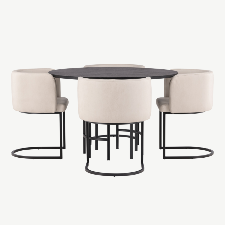 Ümmargune söögilauakomplekt Copenhagen (must MDF, beežid polsterdatud toolid, ø115 cm), GR23224 – 5