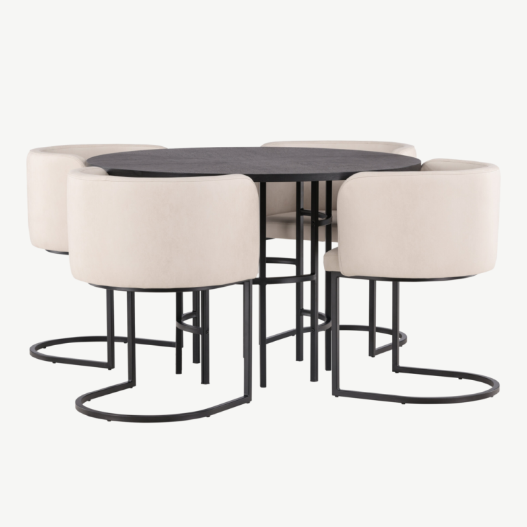 Ümmargune söögilauakomplekt Copenhagen (must MDF, beežid polsterdatud toolid, ø115 cm) - GR23224
