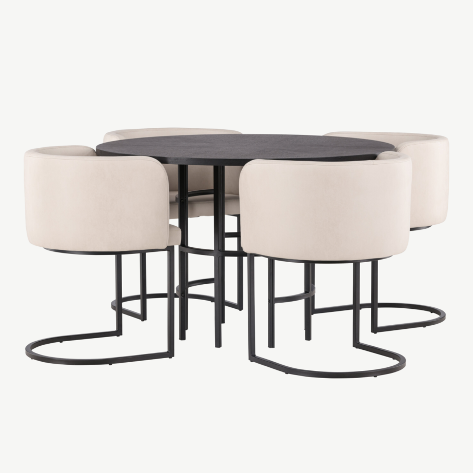 Ümmargune söögilauakomplekt Copenhagen (must MDF, beežid polsterdatud toolid, ø115 cm), GR23224 – 6