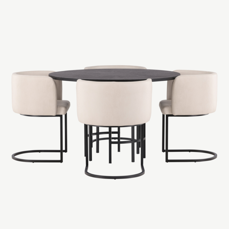 Ümmargune söögilauakomplekt Copenhagen (must MDF, beežid polsterdatud toolid, ø115 cm) - GR23224