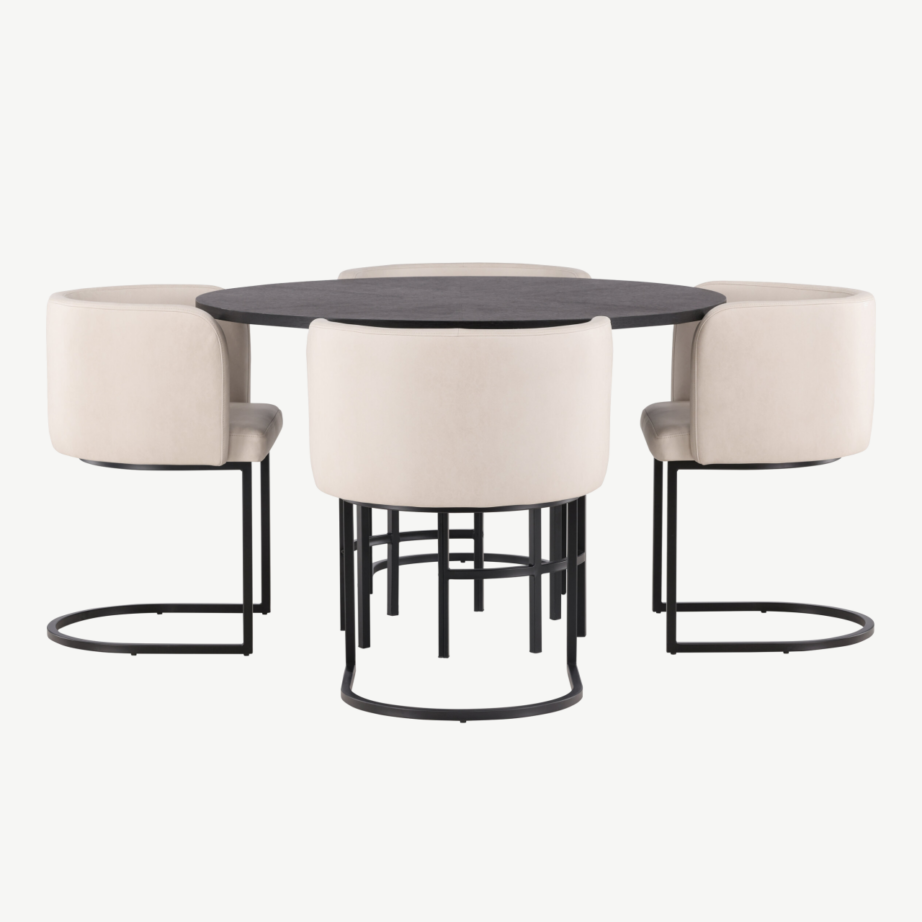 Ümmargune söögilauakomplekt Copenhagen (must MDF, beežid polsterdatud toolid, ø115 cm), GR23224 – 7