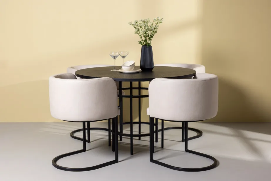Ümmargune söögilauakomplekt Copenhagen (must MDF, beežid polsterdatud toolid, ø115 cm), GR23224 – 8