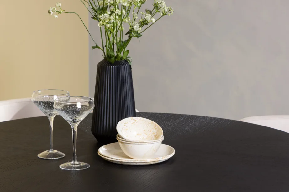 Ümmargune söögilauakomplekt Copenhagen (must MDF, beežid polsterdatud toolid, ø115 cm), GR23224 – 10