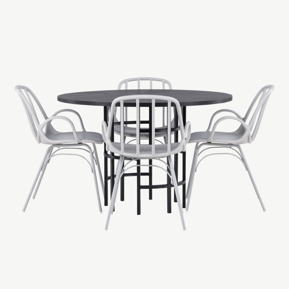 Ümmargune söögilauakomplekt Copenhagen musta MDF lauaga ja helehallide Dyrön toolidega, GR23215 – 2