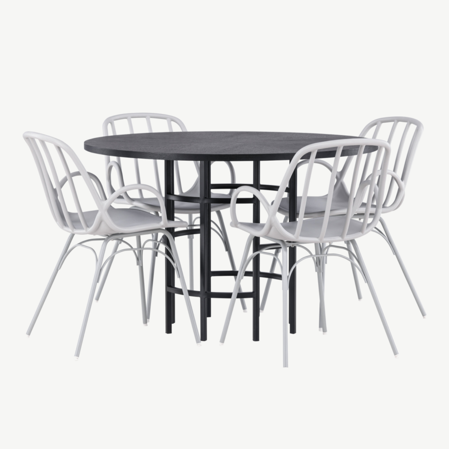 Ümmargune söögilauakomplekt Copenhagen musta MDF lauaga ja helehallide Dyrön toolidega, GR23215 – 4