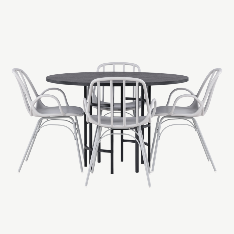 Ümmargune söögilauakomplekt Copenhagen musta MDF lauaga ja helehallide Dyrön toolidega, GR23215 – 5