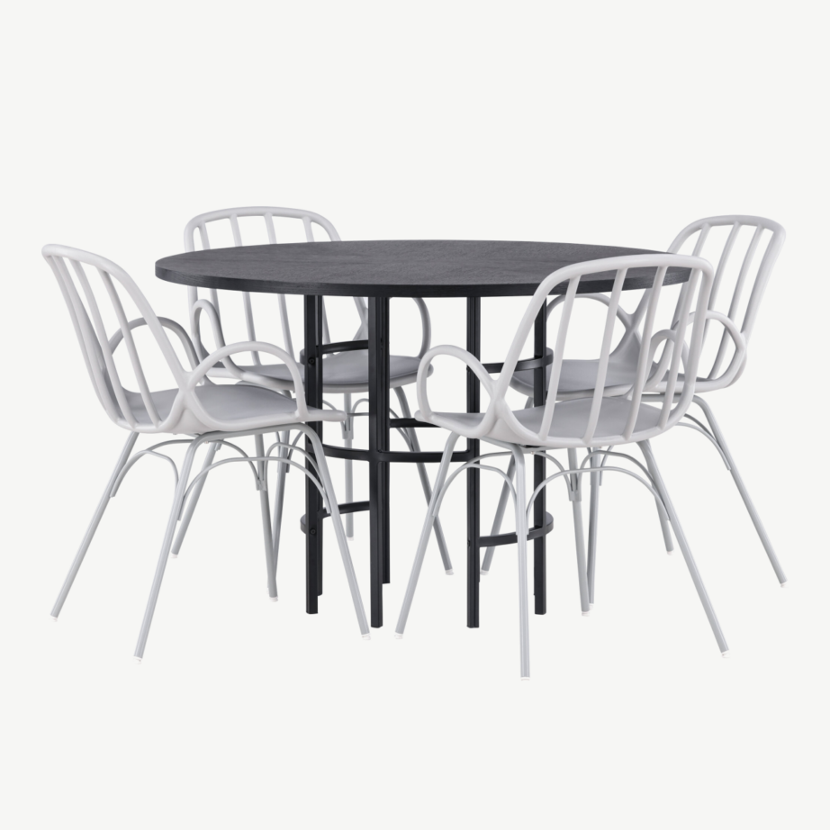 Ümmargune söögilauakomplekt Copenhagen musta MDF lauaga ja helehallide Dyrön toolidega, GR23215 – 6