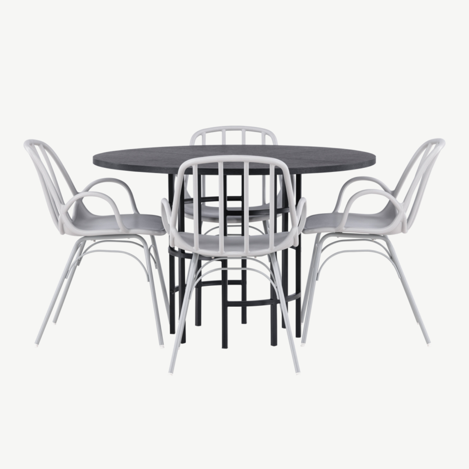 Ümmargune söögilauakomplekt Copenhagen musta MDF lauaga ja helehallide Dyrön toolidega, GR23215 – 7