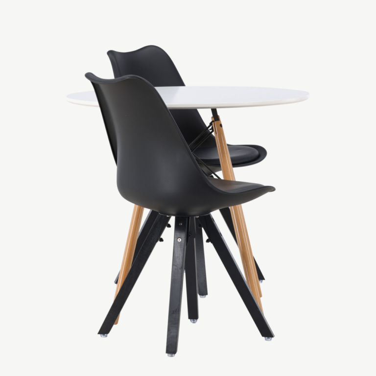 Ümmargune söögilauakomplekt Danburi (valge MDF, Ø60cm) ja 2 musta Zeno tooli - GR23906