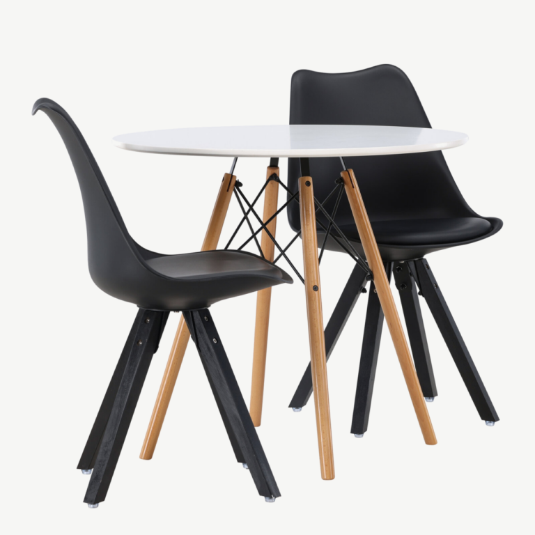 Ümmargune söögilauakomplekt Danburi (valge MDF, Ø60cm) ja 2 musta Zeno tooli - GR23906