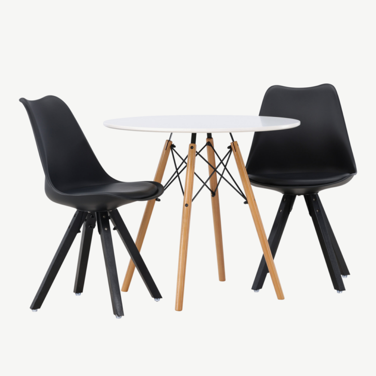 Ümmargune söögilauakomplekt Danburi (valge MDF, Ø60cm) ja 2 musta Zeno tooli - GR23906