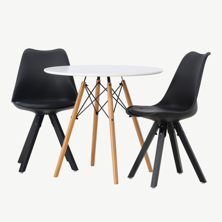 Ümmargune söögilauakomplekt Danburi (valge MDF, Ø60cm) ja 2 musta Zeno tooli - GR23906