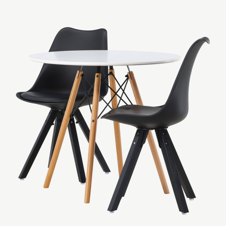 Ümmargune söögilauakomplekt Danburi (valge MDF, Ø60cm) ja 2 musta Zeno tooli - GR23906