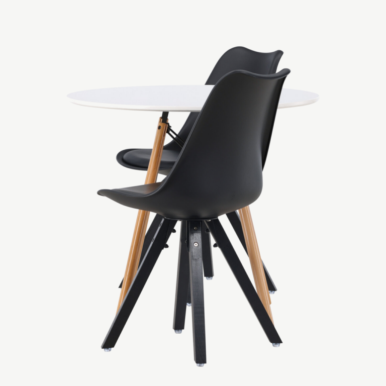 Ümmargune söögilauakomplekt Danburi (valge MDF, Ø60cm) ja 2 musta Zeno tooli - GR23906