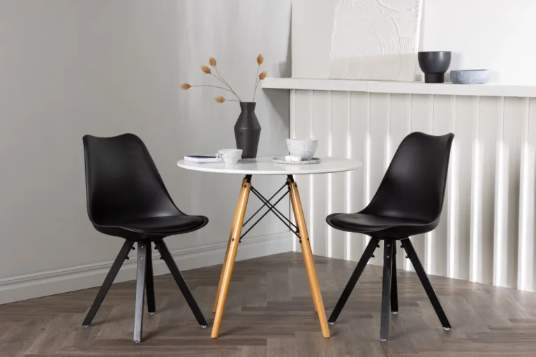 Ümmargune söögilauakomplekt Danburi (valge MDF, Ø60cm) ja 2 musta Zeno tooli - GR23906