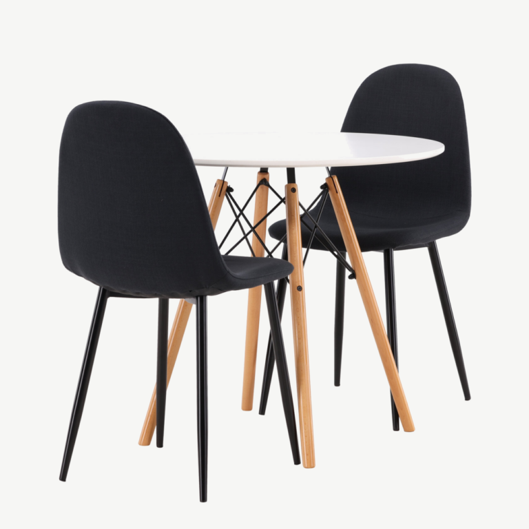Ümmargune söögilauakomplekt Danburi (valge MDF, mustad polsterdatud toolid) - GR22918