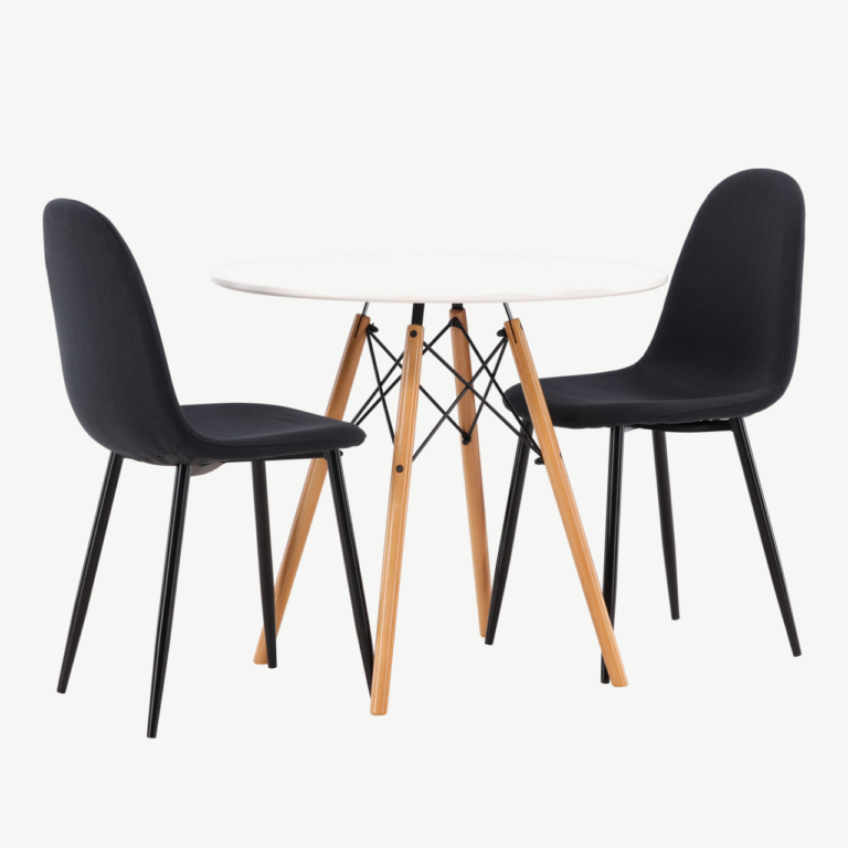 Ümmargune söögilauakomplekt Danburi (valge MDF, mustad polsterdatud toolid) - GR22918