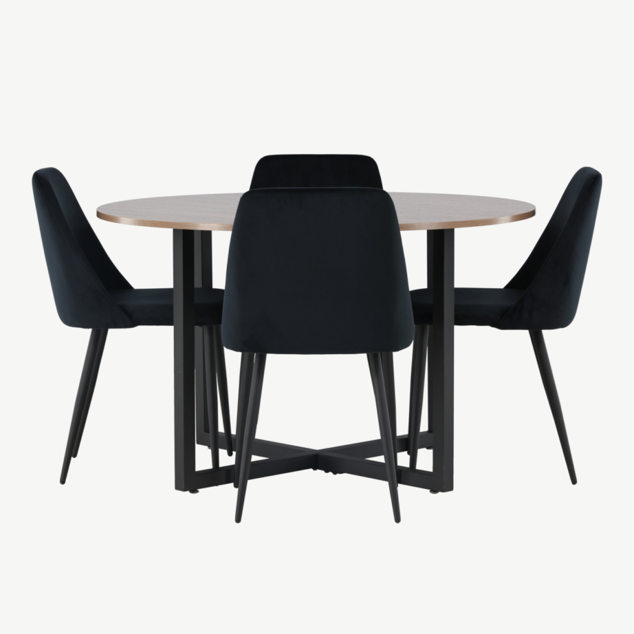 Ümmargune söögilauakomplekt Durango pähkel-MDF lauaga ja mustad Night toolid, GR23923 – 2