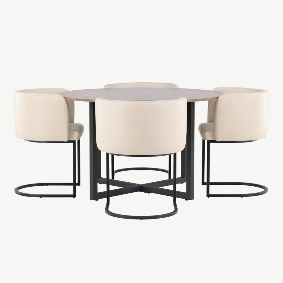 Ümmargune söögilauakomplekt Durango (pähklikujuline MDF, mustad metalljalad, beež polsterdatud tool), GR23162 – 2