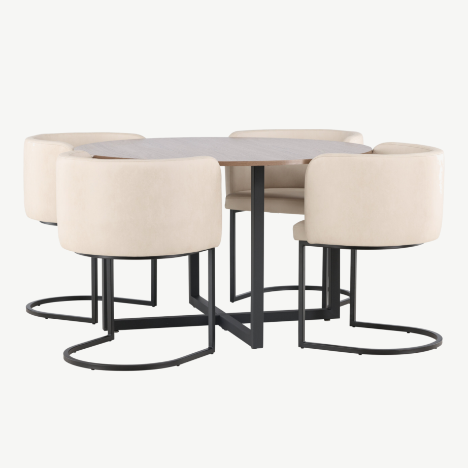 Ümmargune söögilauakomplekt Durango (pähklikujuline MDF, mustad metalljalad, beež polsterdatud tool), GR23162 – 3