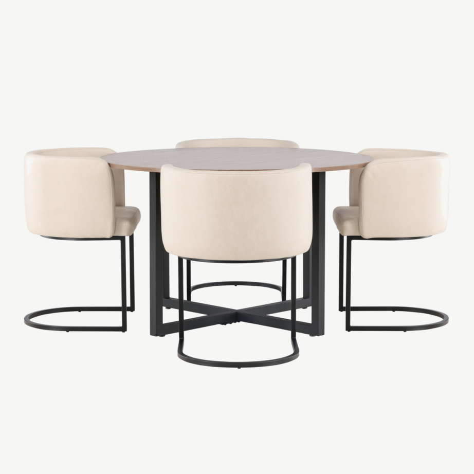 Ümmargune söögilauakomplekt Durango (pähklikujuline MDF, mustad metalljalad, beež polsterdatud tool), GR23162 – 5
