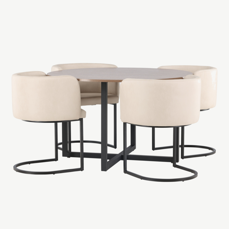 Ümmargune söögilauakomplekt Durango (pähklikujuline MDF, mustad metalljalad, beež polsterdatud tool), GR23162 – 6