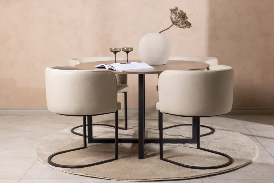 Ümmargune söögilauakomplekt Durango (pähklikujuline MDF, mustad metalljalad, beež polsterdatud tool), GR23162 – 8