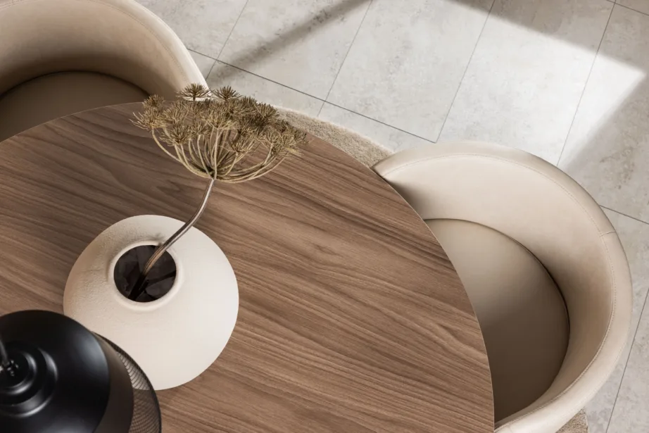 Ümmargune söögilauakomplekt Durango (pähklikujuline MDF, mustad metalljalad, beež polsterdatud tool), GR23162 – 10