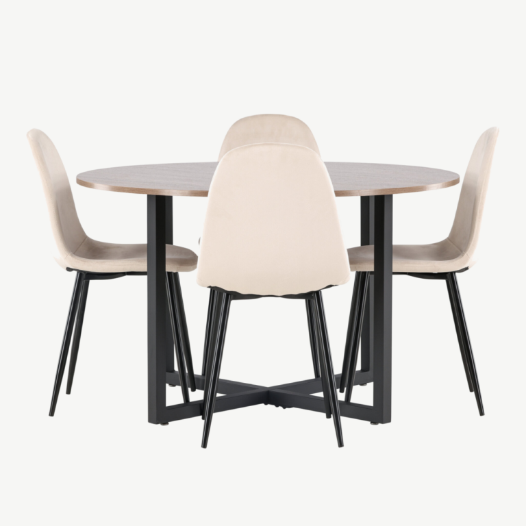 Ümmargune söögilauakomplekt Durango (pähklivärvi MDF, must metall, beež veluurist toolid, ø120cm) - GR22950