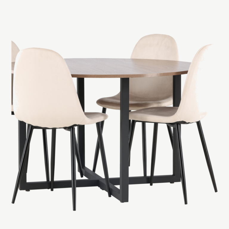 Ümmargune söögilauakomplekt Durango (pähklivärvi MDF, must metall, beež veluurist toolid, ø120cm) - GR22950