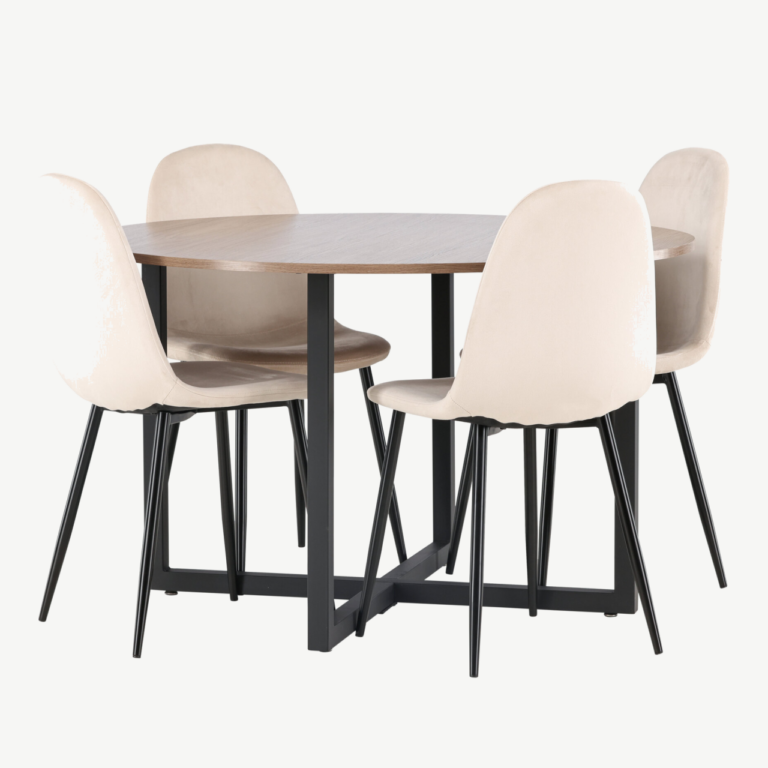 Ümmargune söögilauakomplekt Durango (pähklivärvi MDF, must metall, beež veluurist toolid, ø120cm) - GR22950