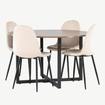 Ümmargune söögilauakomplekt Durango (pähklivärvi MDF, must metall, beež veluurist toolid, ø120cm) - GR22950