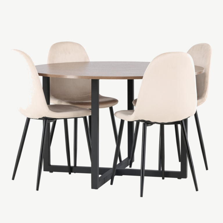 Ümmargune söögilauakomplekt Durango (pähklivärvi MDF, must metall, beež veluurist toolid, ø120cm) - GR22950