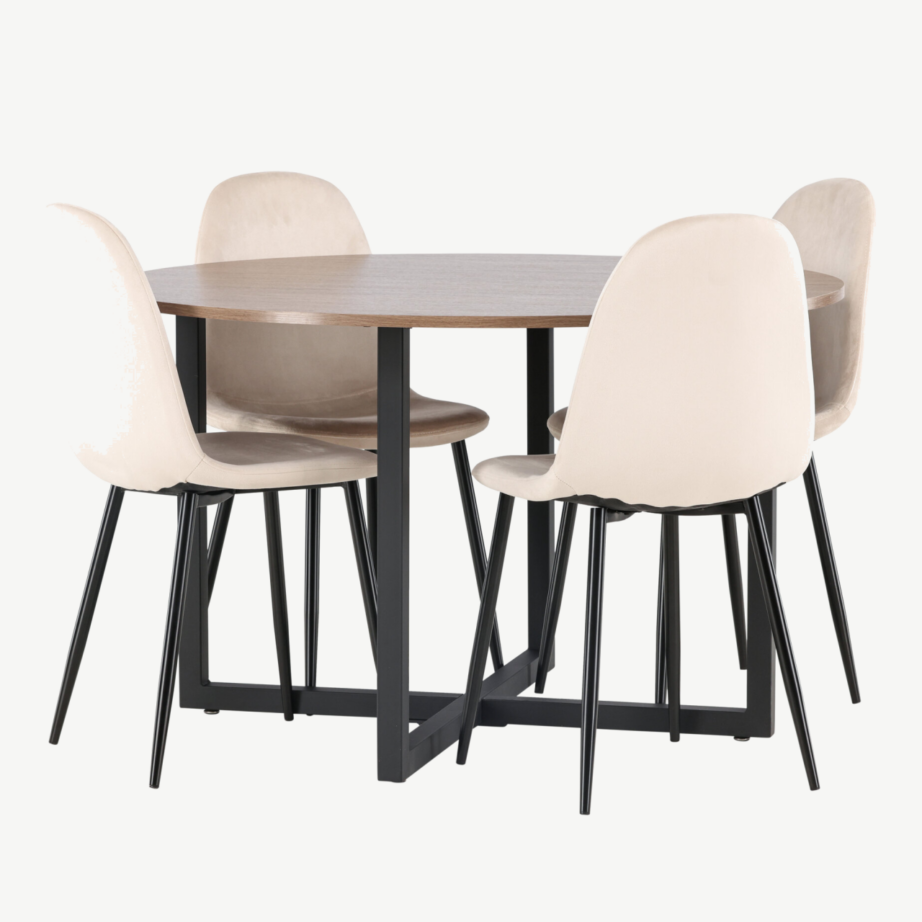 Ümmargune söögilauakomplekt Durango (pähklivärvi MDF, must metall, beež veluurist toolid, ø120cm), GR22950 – 6