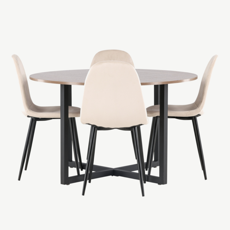 Ümmargune söögilauakomplekt Durango (pähklivärvi MDF, must metall, beež veluurist toolid, ø120cm) - GR22950