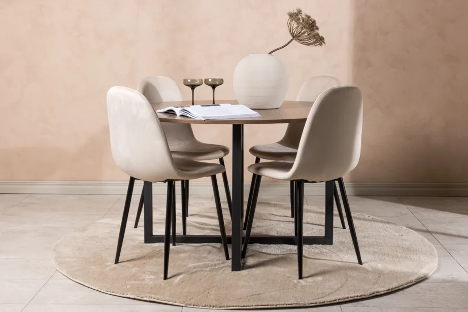 Ümmargune söögilauakomplekt Durango (pähklivärvi MDF, must metall, beež veluurist toolid, ø120cm), GR22950 – 8