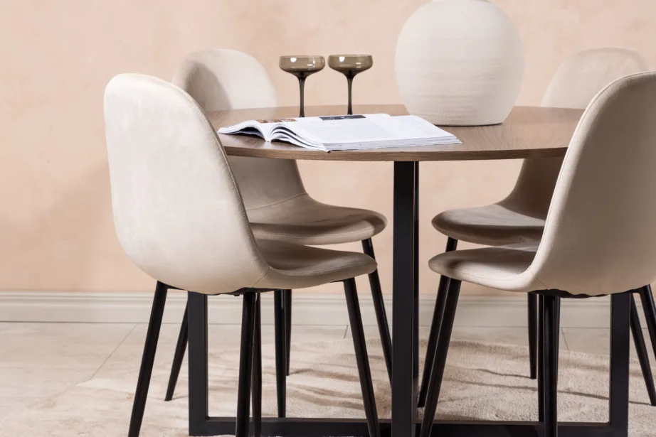 Ümmargune söögilauakomplekt Durango (pähklivärvi MDF, must metall, beež veluurist toolid, ø120cm), GR22950 – 9