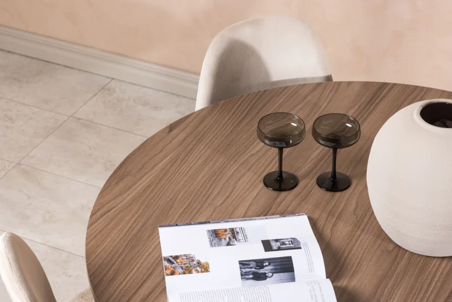 Ümmargune söögilauakomplekt Durango (pähklivärvi MDF, must metall, beež veluurist toolid, ø120cm), GR22950 – 10